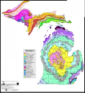 Types of bedrock in Michigan. The Michigan Basin is clearly visible. 